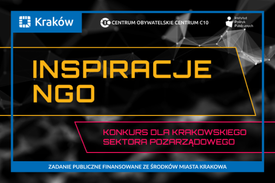 Grafika promująca konkurs „Inspiracje NGO” dla krakowskiego sektora pozarządowego. Na czarnym tle widoczne są abstrakcyjne połączenia sieciowe oraz logotypy Miasta Krakowa i Centrum C 10.