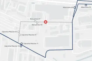 Mapa z trasą linii 123, z zaznaczonymi przystankami i objazdem.