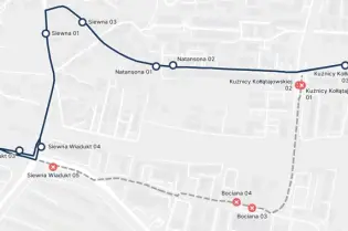 Mapa z trasą autobusu linii 669 na ulicach Bociana i Kuźnicy Kołłątajowskiej.