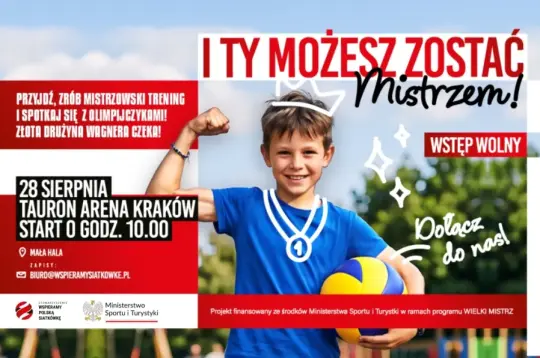 Plakat promujący wydarzenie sportowe z informacjami o treningu i zapisach.