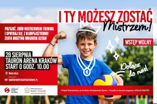 Plakat promujący wydarzenie sportowe z informacjami o treningu i zapisach.