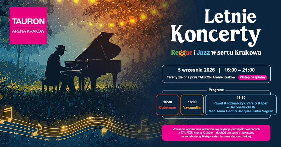 Letnie koncerty reggae i jazz w Tauron Arenie Kraków, 5 września 2026, wstęp bezpłatny.
