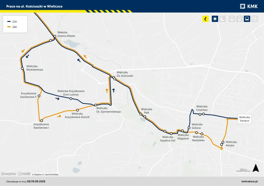 Mapa z trasami autobusów 224 i 244 w Wieliczce oraz lokalizacjami przystanków.
