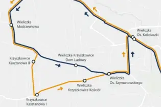 Mapa z trasami autobusów 224 i 244 w Wieliczce oraz lokalizacjami przystanków.
