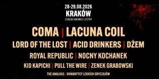 Plakat festiwalu muzycznego z datami, lokalizacją i listą wykonawców.