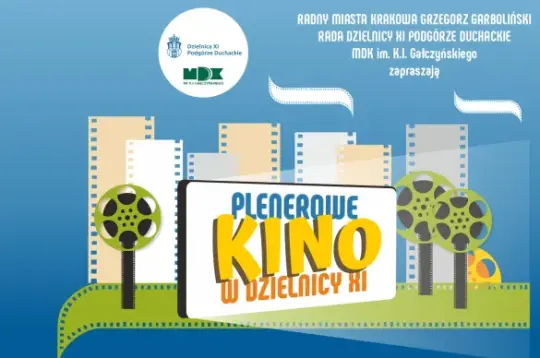 Plenerowe kino w Uździelnicy XI z datami i tytułami filmów: Casablanca, Jeden na milion, Dalej jazda 2.