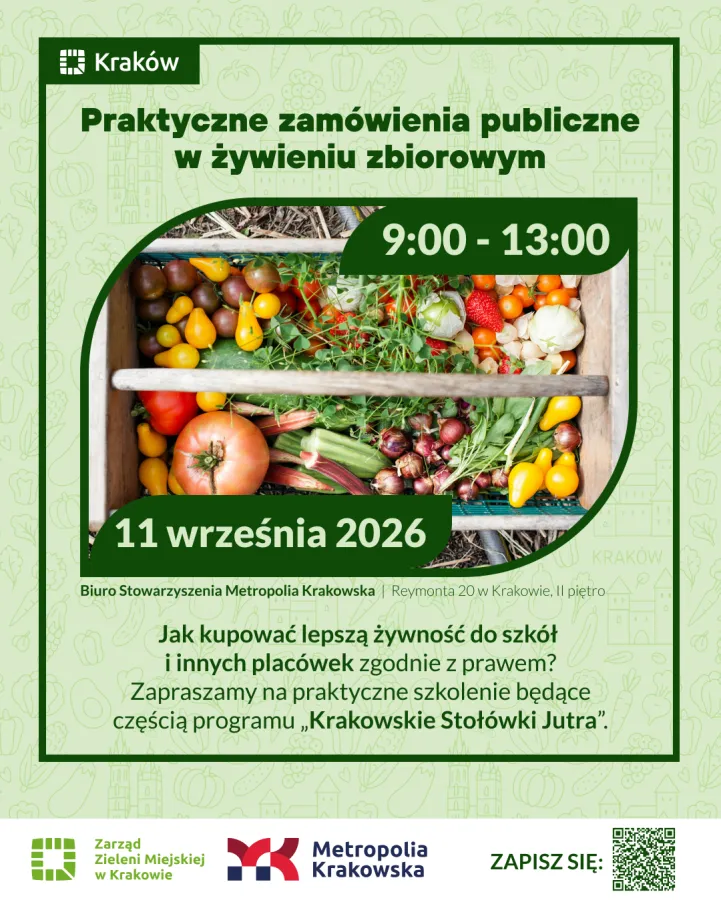 Plakat promujący szkolenie o zamówieniach publicznych w żywieniu zbiorowym, z datą i godziną.