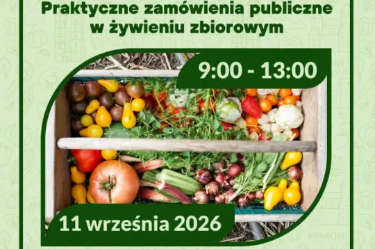 Plakat promujący szkolenie o zamówieniach publicznych w żywieniu zbiorowym, z datą i godziną.