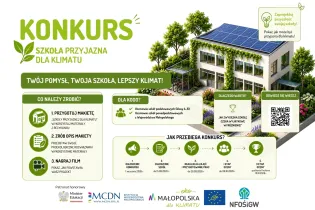 Konkurs na szkołę przyjazną dla klimatu z informacjami o zasadach i nagrodach.