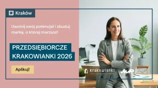 Kobieta w biurze promująca program Przedsiębiorcze Krakowianki 2026.