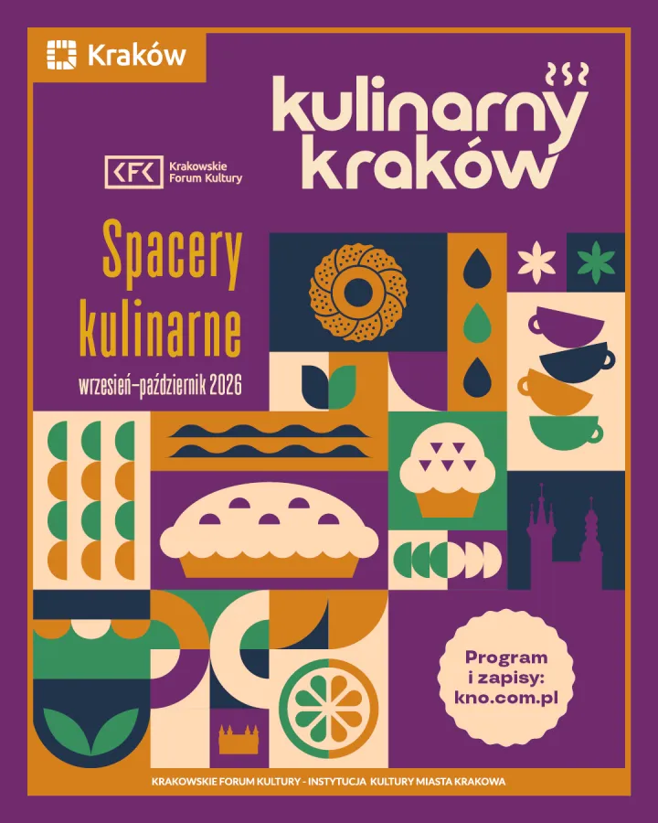 Plakat promujący kulinarne spacery w Krakowie, wrzesień-październik 2026.
