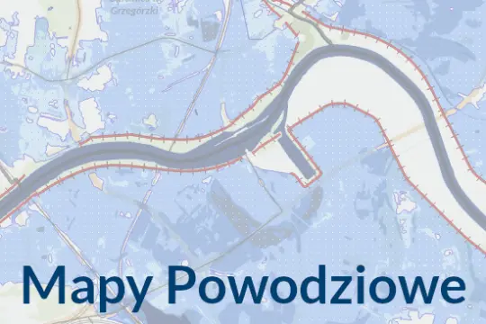 Mapy powodziowe z oznaczeniem rzeki i terenów zagrożonych zalaniem.