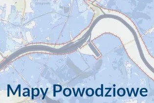 Mapy powodziowe z oznaczeniem rzeki i terenów zagrożonych zalaniem.