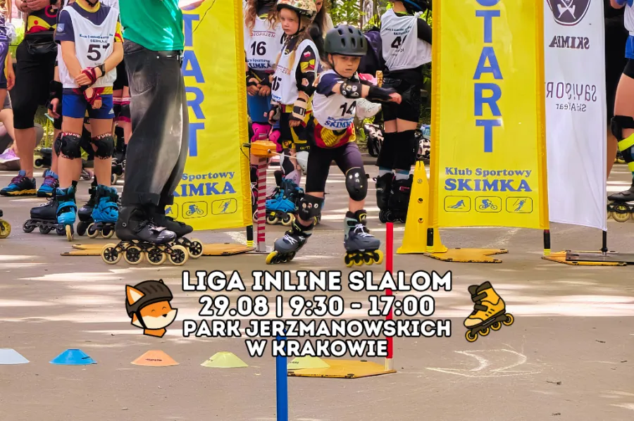 Dzieci biorące udział w zawodach slalomowych na rolkach w parku Jerzmanowskich w Krakowie.