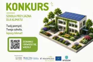 Konkurs na pomysły dotyczące ekologicznych szkół z grafiką budynku i panelami słonecznymi.