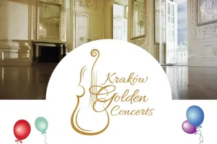 Elegancka sala z dużymi oknami, logo koncertów dla dzieci oraz kolorowe balony.