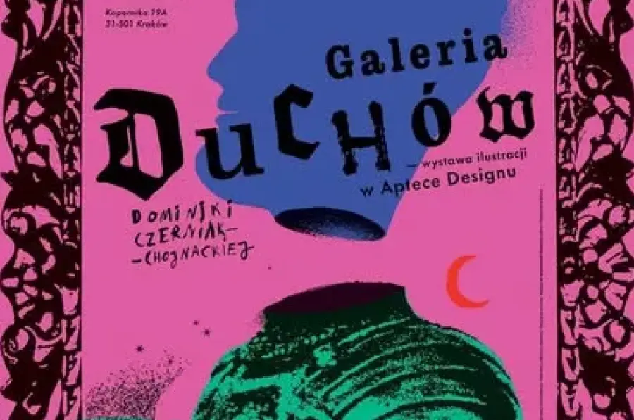Wernisaż wystawy Duchów, grafika z kolorowymi sylwetkami i tekstem.