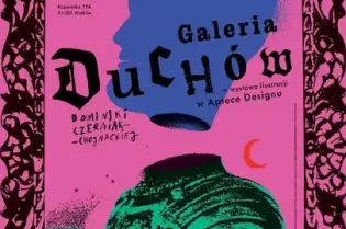 Wernisaż wystawy Duchów, grafika z kolorowymi sylwetkami i tekstem.