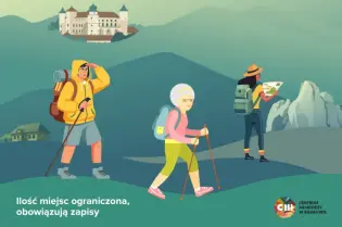 Sąsiedzkie podróże z grafiką turystów w górach i malowniczymi krajobrazami.