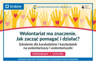 Grafika promująca szkolenie „Wolontariat ma znaczenie. Jak zacząć pomagać i działać?” dla osób zainteresowanych wolontariatem. Termin: 14 września 2026 roku.