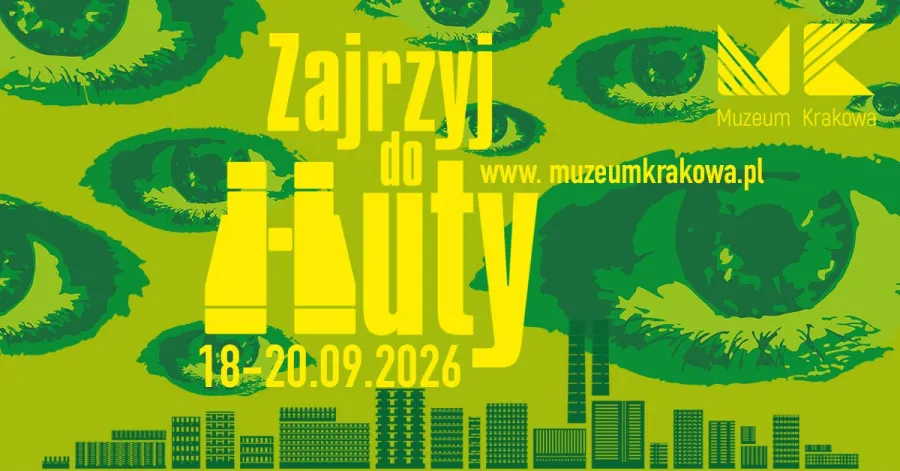Zielona grafika z oczami, datą wydarzenia i informacjami o Muzeum Krakowa.