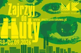 Zielona grafika z oczami, datą wydarzenia i informacjami o Muzeum Krakowa.