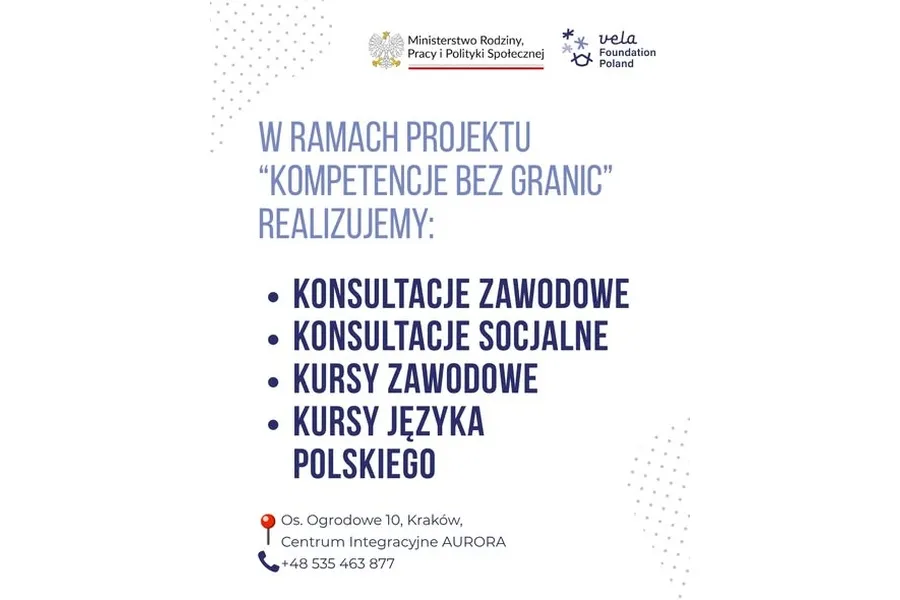 Fundacja Vela oferuje bezpłatne kursy języka polskiego, kursy zawodowe oraz konsultacje zawodowe i socjalne. 