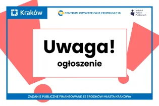 Grafika informująca o ważnym ogłoszeniu. Na środku znajduje się napis „Uwaga! ogłoszenie” na tle czerwonych, geometrycznych kształtów.