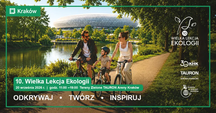 Rodzina na rowerach w parku, promująca wydarzenie ekologiczne w Krakowie.