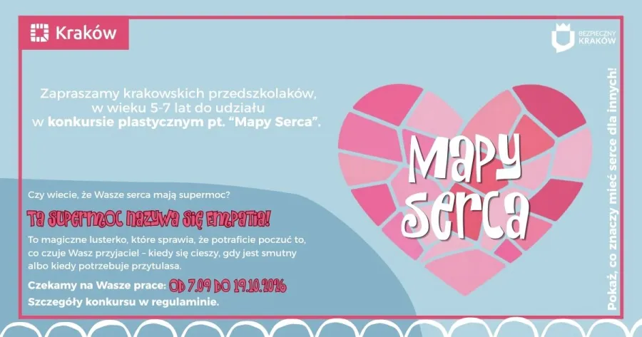 Konkurs plastyczny dla dzieci w Krakowie pt. Mapy Serca, zachęta do udziału i kreatywności.