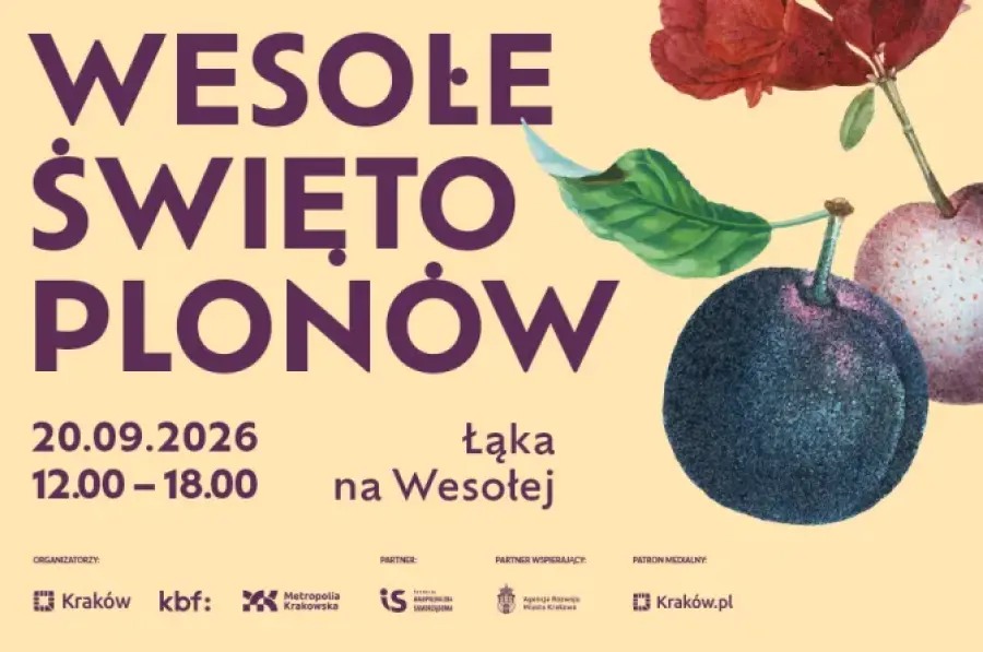 Wesołe Święto Plonów z datą i godziną, ilustracje owoców oraz kolorowe liście.