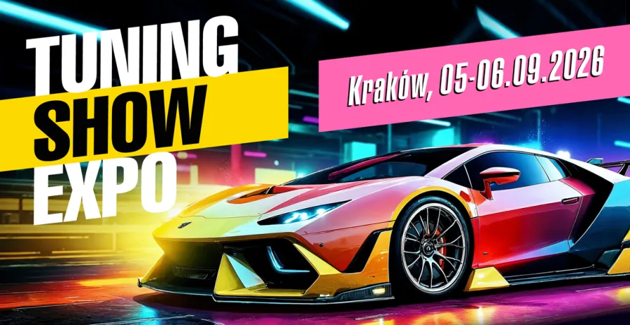 Tuning Show Expo w Krakowie, 05-06.09.2026, z kolorowym sportowym samochodem.