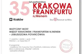 Plakat zapraszający na jubileuszową potańcówkę między Krakowem a Frankfurtem, z informacjami o wydarzeniu.