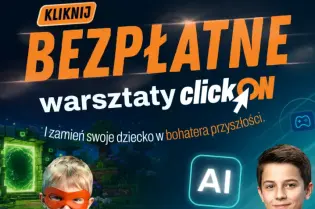 Dzieci w pelerynach promują bezpłatne warsztaty z programowania i AI dla młodzieży 6-18 lat.
