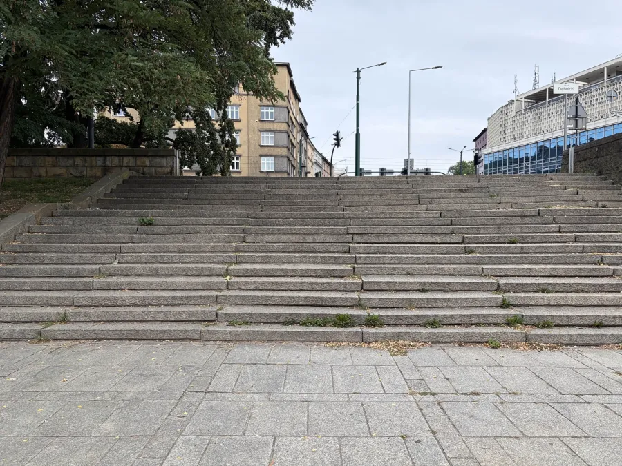 Schody prowadzące w górę, otoczone drzewami i budynkami.