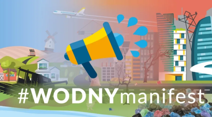 Grafika promująca inicjatywę #WODNYmanifest z symbolem megafonu i elementami związanymi z wodą.