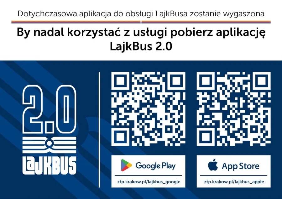 Informacja o wygaśnięciu aplikacji LajkBus oraz zachęta do pobrania nowej wersji.