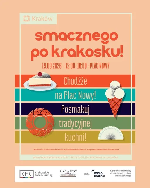 Plakat promujący wydarzenie kulinarne w Krakowie z informacjami o dacie i miejscu.