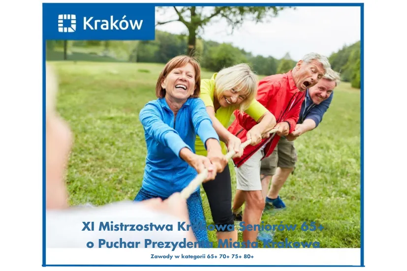 Uczestnicy zawodów w przeciąganiu liny podczas Mistrzostw Krakowa Seniorów 65+.