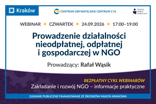 Grafika zapowiadająca bezpłatny webinar o prowadzeniu działalności nieodpłatnej, odpłatnej i gospodarczej w organizacji pozarządowej. Webinar odbędzie się 24 września 2026 roku o godzinie 17.