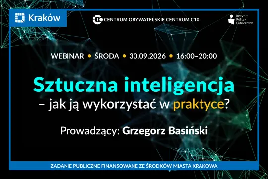 Grafika zapowiada webinar „Sztuczna inteligencja – jak ją wykorzystać w praktyce?”, który odbędzie się 30 września 2026 r. W tle widoczna jest abstrakcyjna sieć połączonych punktów.