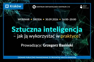 Grafika zapowiada webinar „Sztuczna inteligencja – jak ją wykorzystać w praktyce?”, który odbędzie się 30 września 2026 r. W tle widoczna jest abstrakcyjna sieć połączonych punktów.