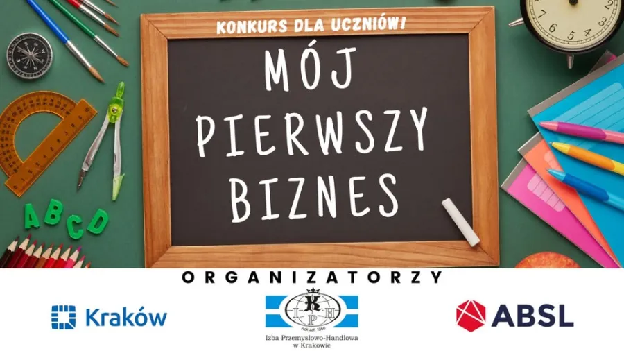 grafika przedstawia tablicę kredową z napisem "mój pierwszy biznesplan". Na dole umieszczono loga sponsorów