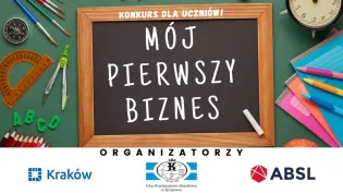 grafika przedstawia tablicę kredową z napisem "mój pierwszy biznesplan". Na dole umieszczono loga sponsorów