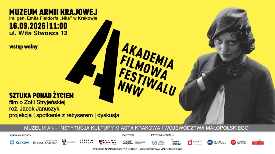 Plakat zapraszający na Akademię Filmową Festiwalu NNW z informacjami o wydarzeniu.