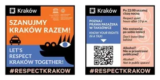 Plakat promujący poszanowanie Krakowa, zawierający zasady dotyczące ciszy nocnej i zachowania w przestrzeni publicznej.