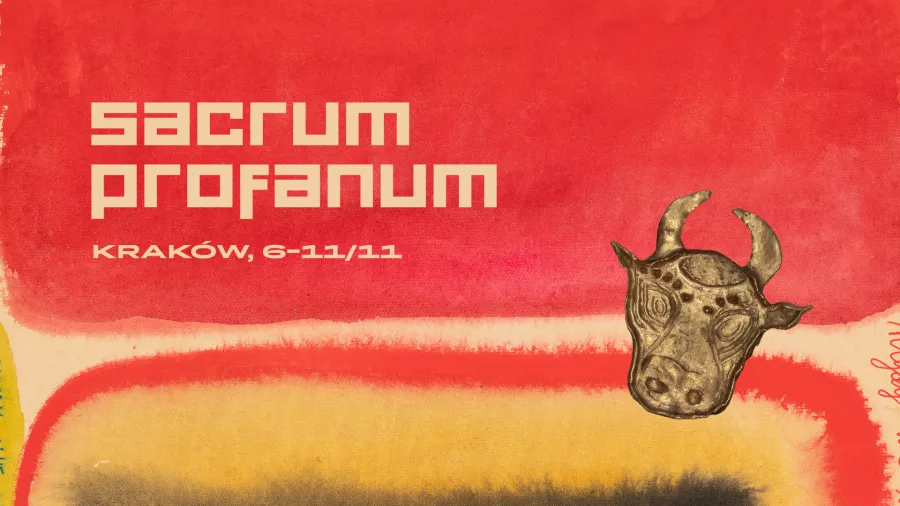 Plakat festiwalu Sacrum Profanum w Krakowie z grafiką byka na kolorowym tle.