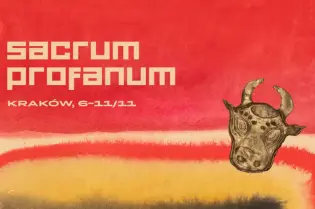 Plakat festiwalu Sacrum Profanum w Krakowie z grafiką byka na kolorowym tle.