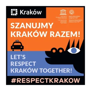 Plakat promujący szacunek dla Krakowa z hasłem w języku polskim i angielskim oraz grafiką.