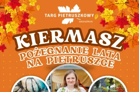 Kiermasz pożegnania lata z warzywami, owocami i dekoracjami w jesiennych kolorach.